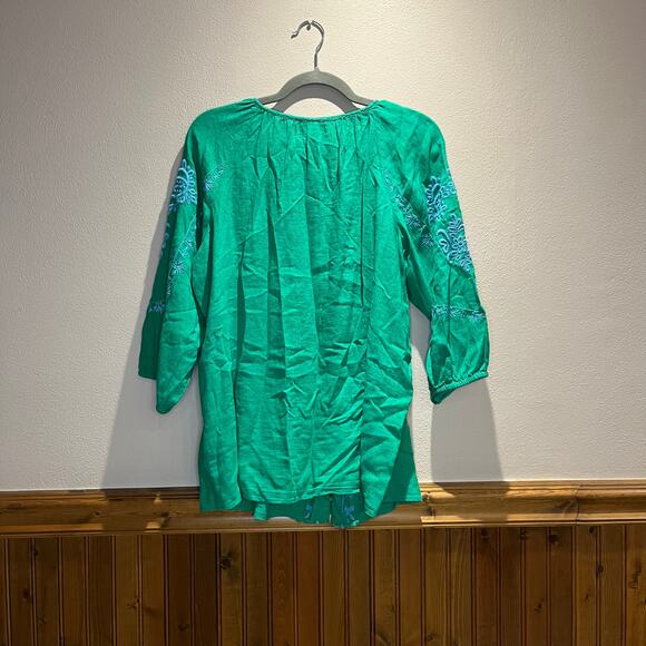 J Jill Embroiderd Green Blouse Linen Blend Sz M Boho Artsy Peasant Casual - Picture 6 of 6